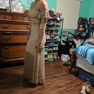 Blush pink off the shoulder lace maxi dress